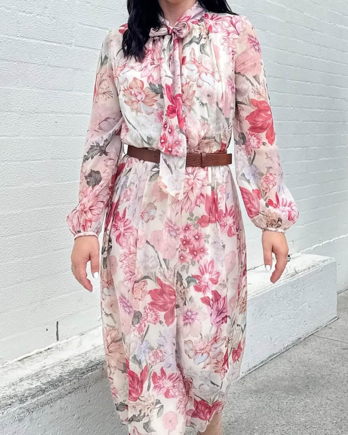 Aurohaya Belted Floral Print Midi Modest Dress