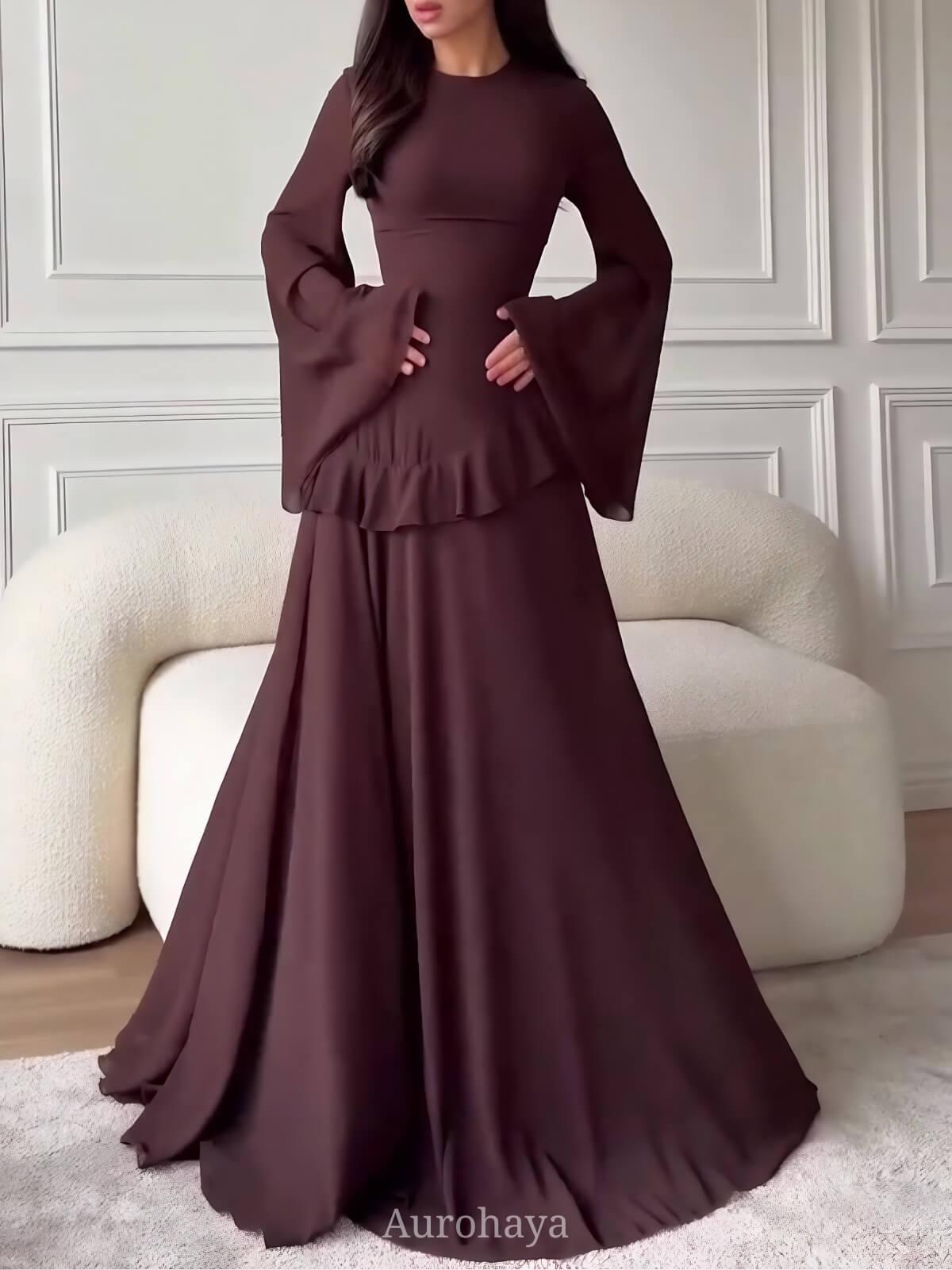 Aurohaya Ruffle Trim Lace-Up Round Neck Long-Sleeve Maxi Dress