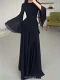 Ruffle Trim Lace-Up Round Neck Long-Sleeve Maxi Dress