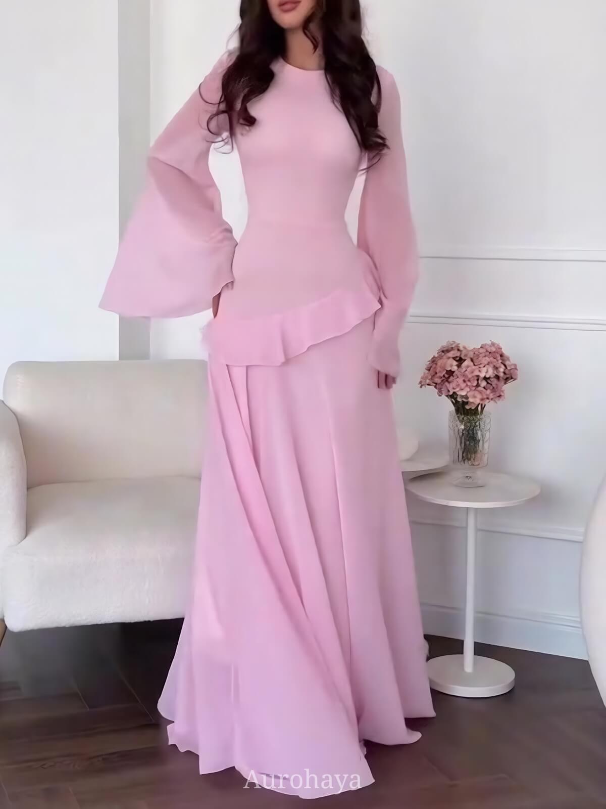 Aurohaya Ruffle Trim Lace-Up Round Neck Long-Sleeve Maxi Dress Pink