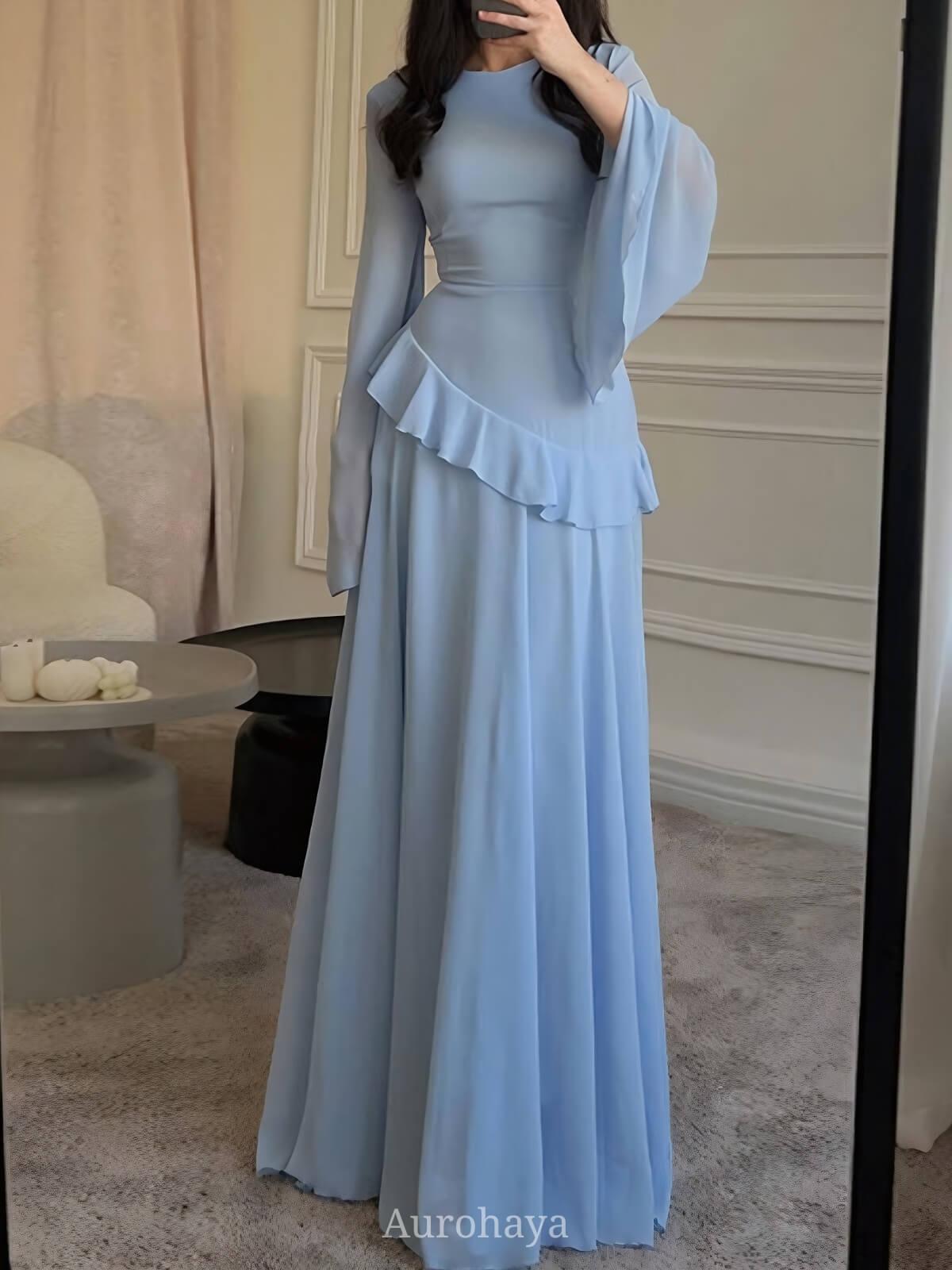 Aurohaya Ruffle Trim Lace-Up Round Neck Long-Sleeve Maxi Dress Blue
