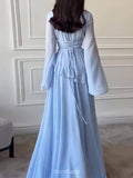 Ruffle Trim Lace-Up Round Neck Long-Sleeve Maxi Dress