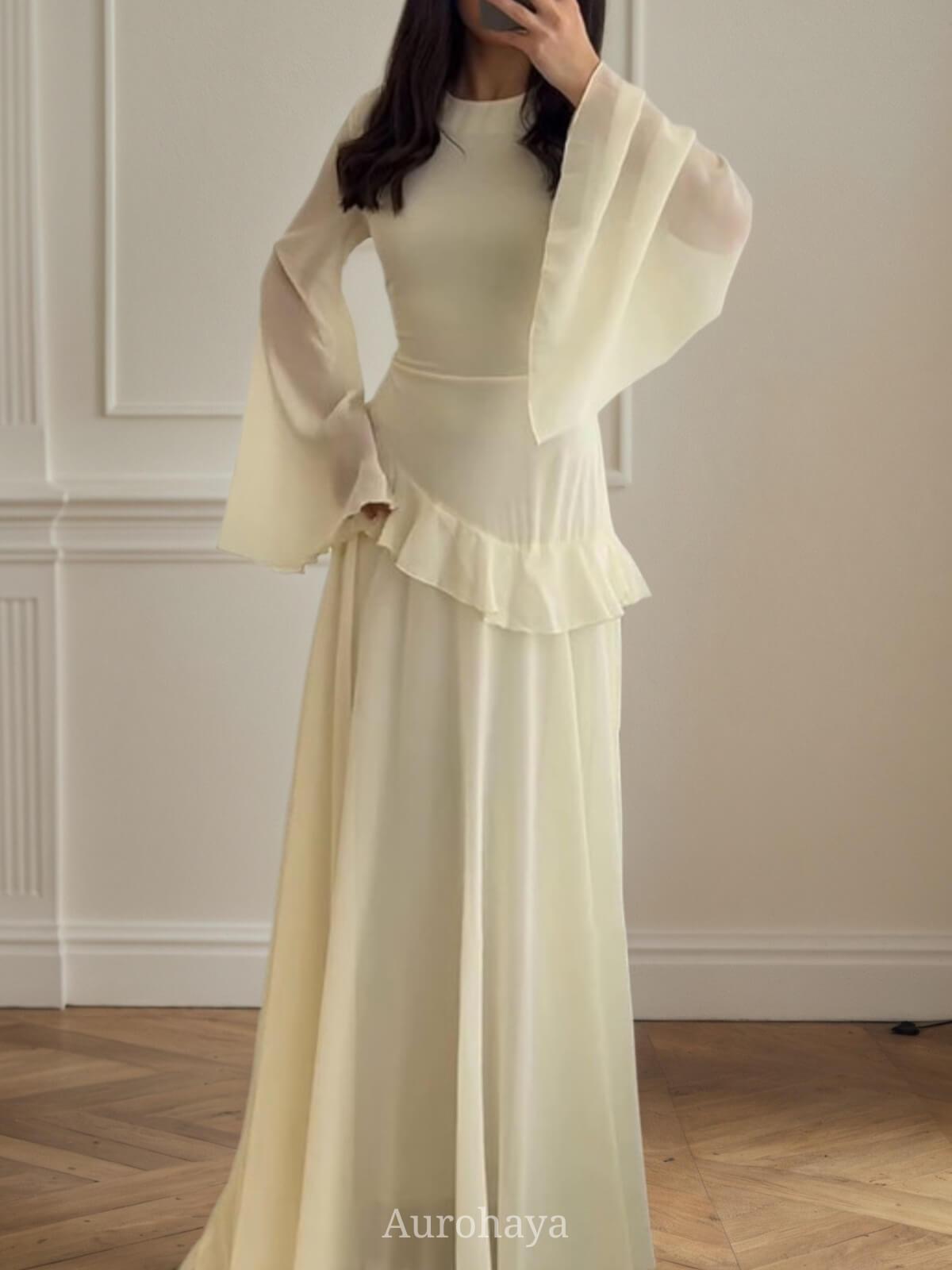 Aurohaya Ruffle Trim Lace-Up Round Neck Long-Sleeve Maxi Dress