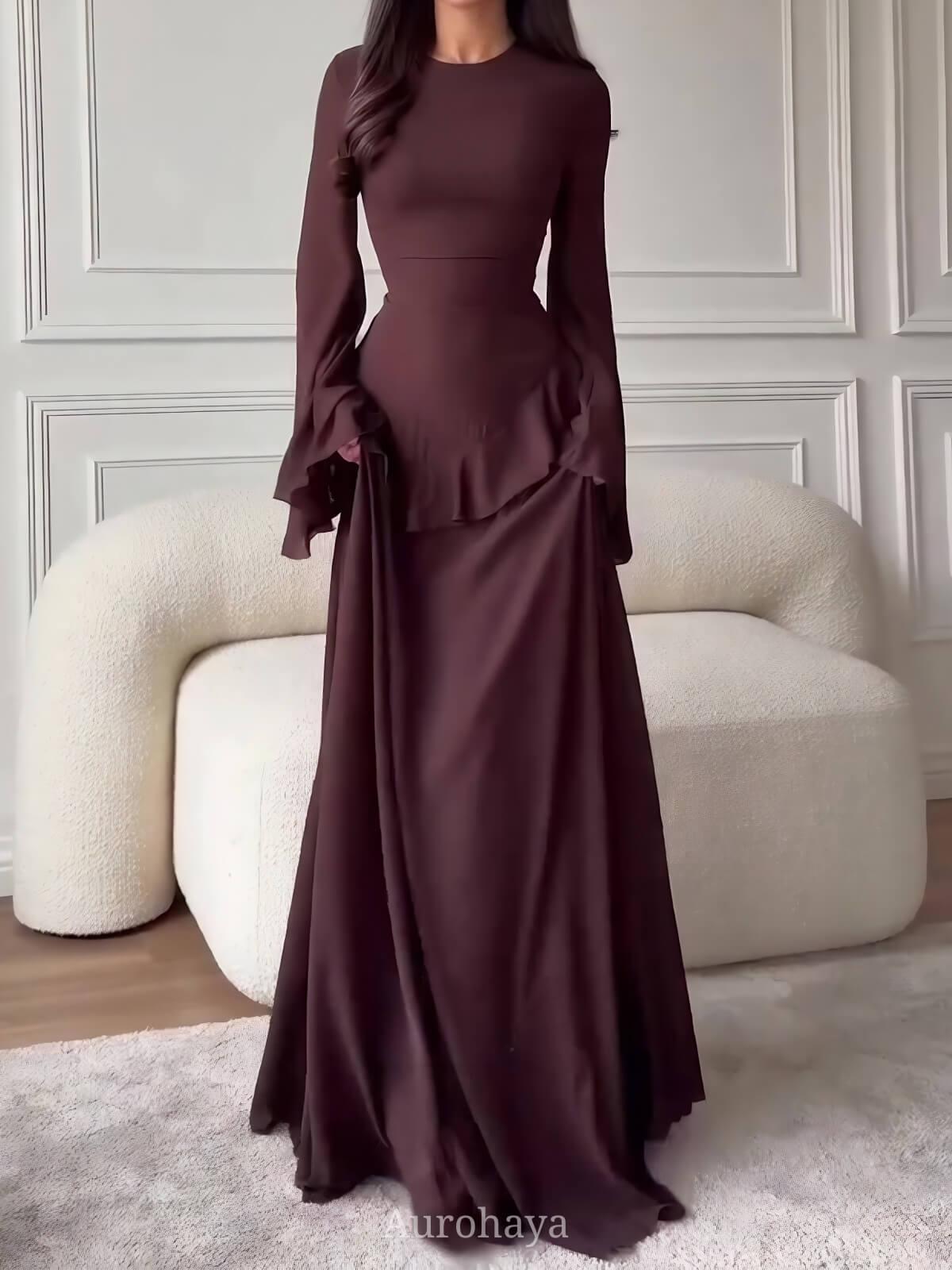 Aurohaya Ruffle Trim Lace-Up Round Neck Long-Sleeve Maxi Dress Brown