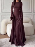 Ruffle Trim Lace-Up Round Neck Long-Sleeve Maxi Dress