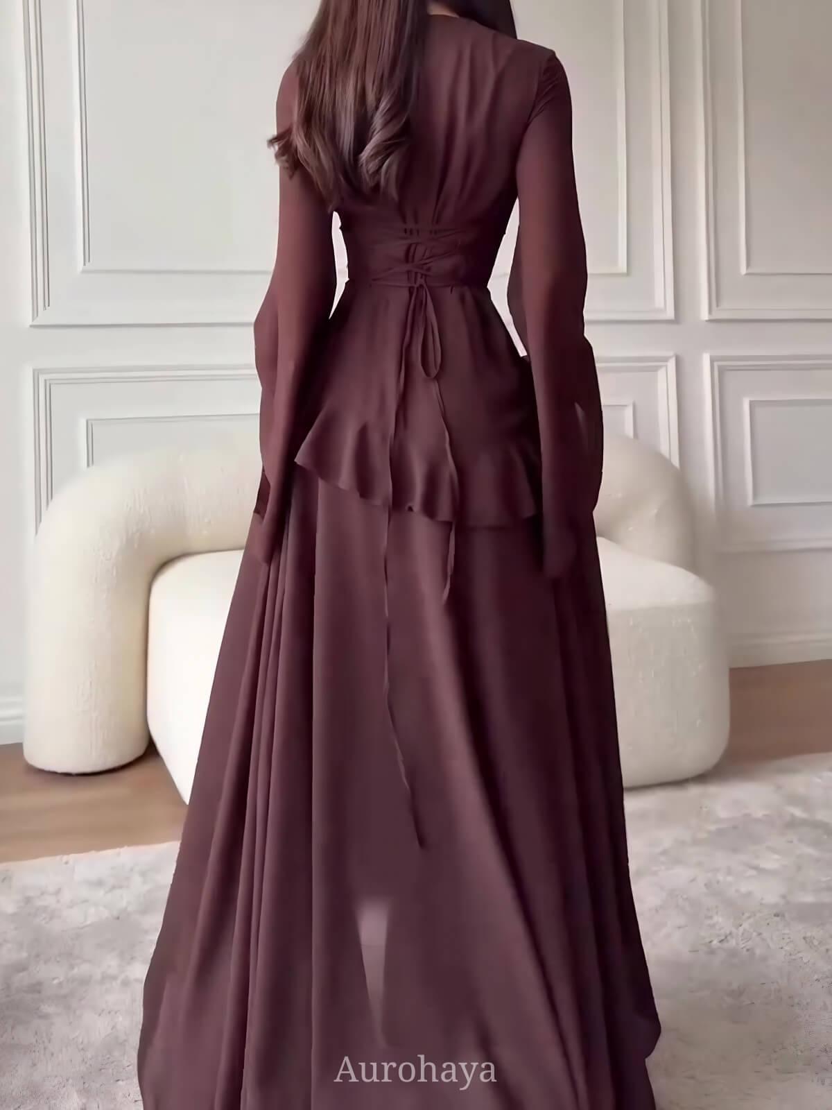 Aurohaya Ruffle Trim Lace-Up Round Neck Long-Sleeve Maxi Dress