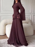 Ruffle Trim Lace-Up Round Neck Long-Sleeve Maxi Dress