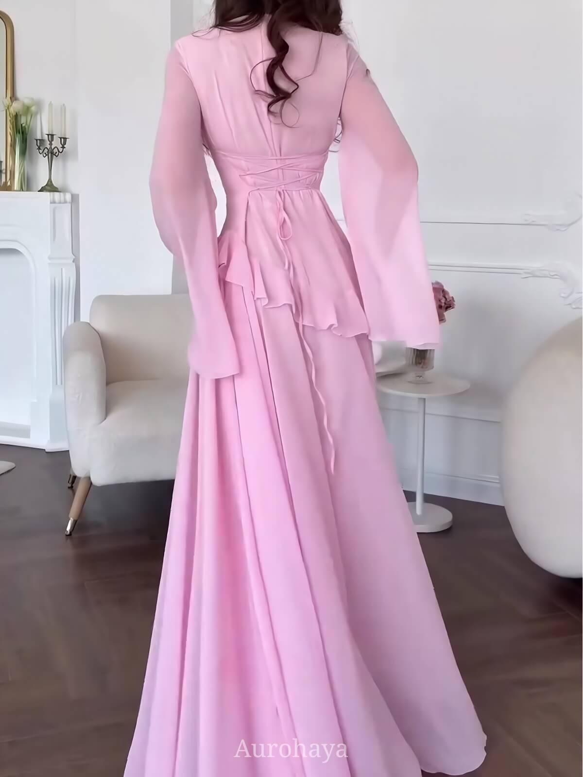 Aurohaya Ruffle Trim Lace-Up Round Neck Long-Sleeve Maxi Dress