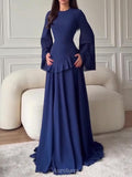 Ruffle Trim Lace-Up Round Neck Long-Sleeve Maxi Dress