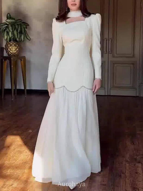 Aurohaya Square-Neck Scarf Included Mermaid Maxi Dress White