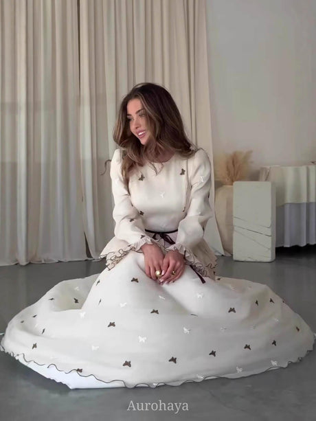 Aurohaya Long Sleeve Butterfly Peplum Waist Maxi Dress