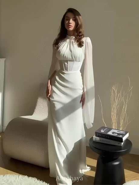 Aurohaya Round Neck Split Long Sleeve Corset Waist Maxi Dress White