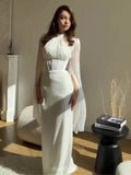 Round Neck Split Long Sleeve Corset Waist Maxi Dress