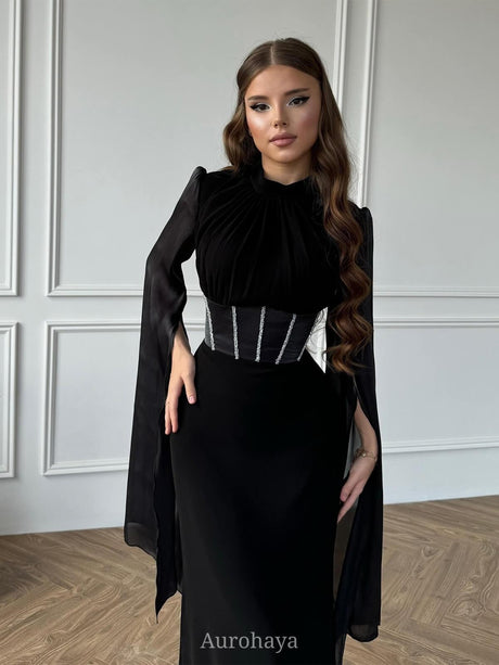 Aurohaya Round Neck Split Long Sleeve Corset Waist Maxi Dress Black