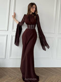 Round Neck Split Long Sleeve Corset Waist Maxi Dress
