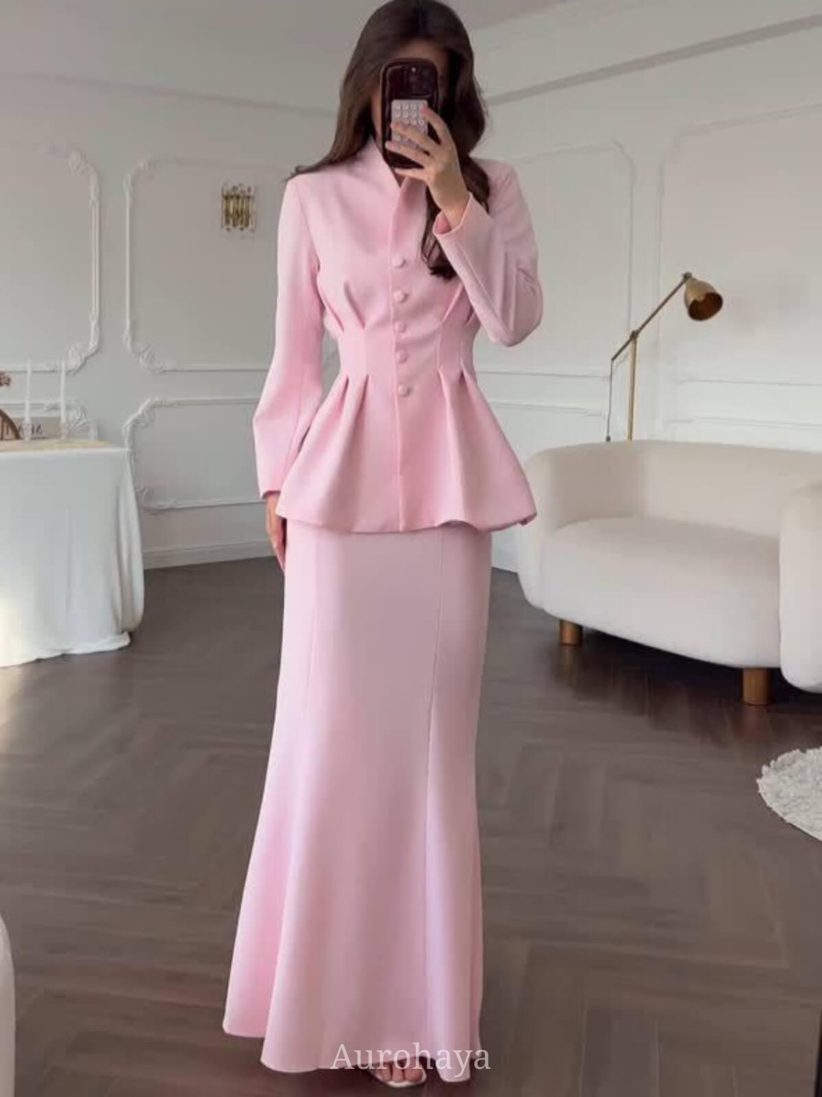 Aurohaya Long Sleeve Button-Front Maxi Dress 2-Piece Set Pink