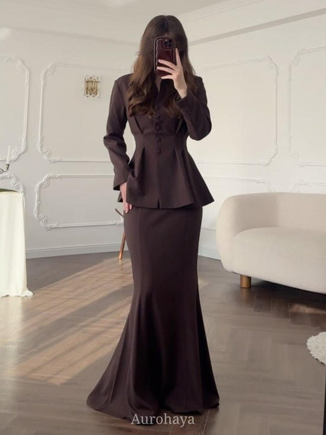 Aurohaya Long Sleeve Button-Front Maxi Dress 2-Piece Set Brown