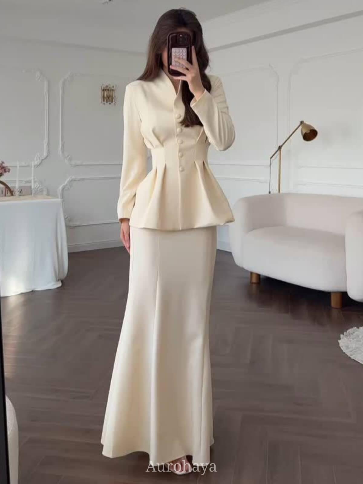 Aurohaya Long Sleeve Button-Front Maxi Dress 2-Piece Set Beige