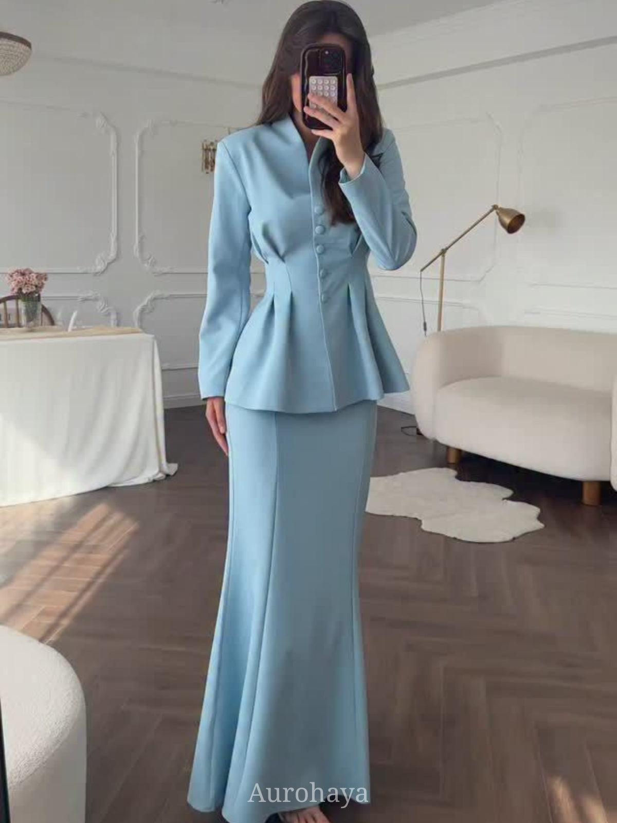 Aurohaya Long Sleeve Button-Front Maxi Dress 2-Piece Set Blue