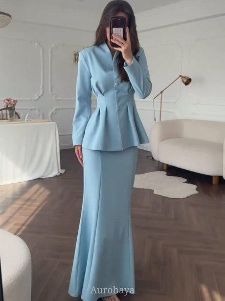 Aurohaya Long Sleeve Button-Front Maxi Dress 2-Piece Set Blue