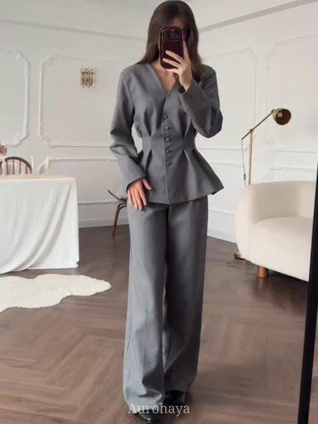 Aurohaya Long Sleeve Button-Front Maxi Dress 2-Piece Set Gray