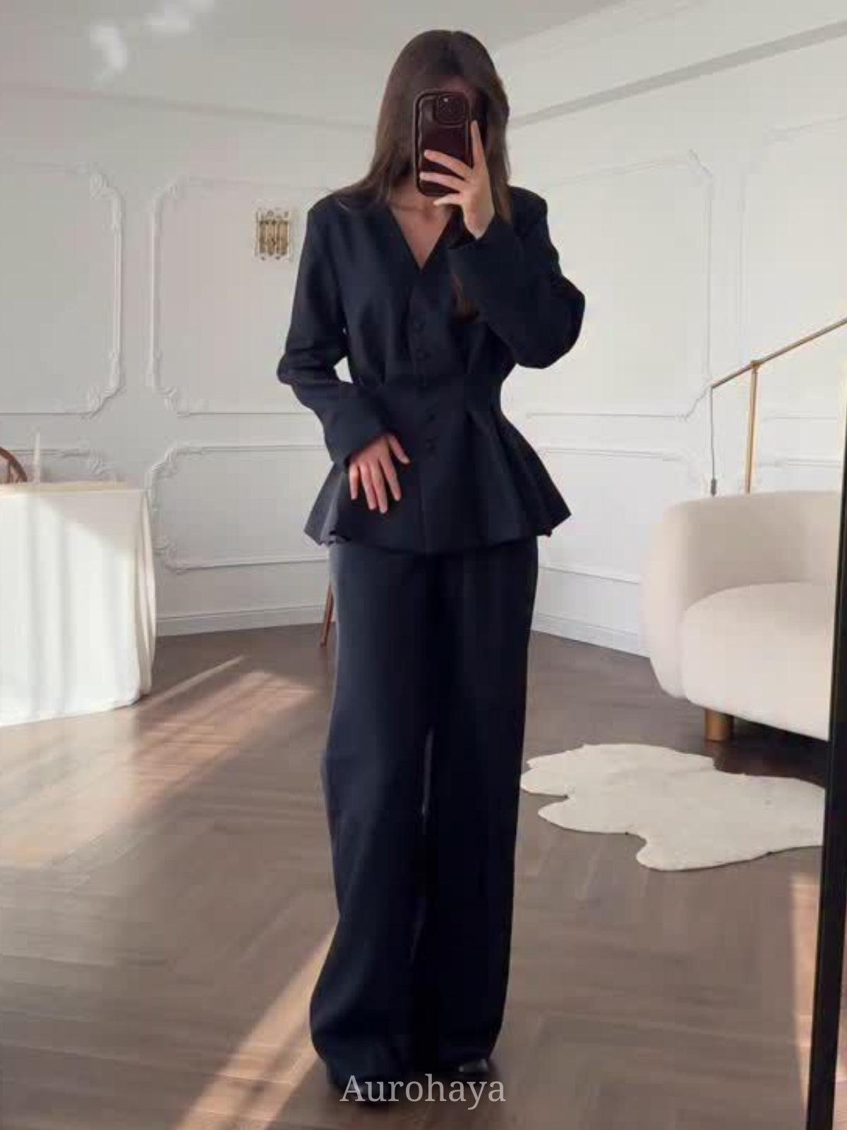 Aurohaya Long Sleeve Button-Front Maxi Dress 2-Piece Set Black