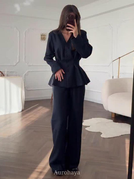 Aurohaya Long Sleeve Button-Front Maxi Dress 2-Piece Set Black