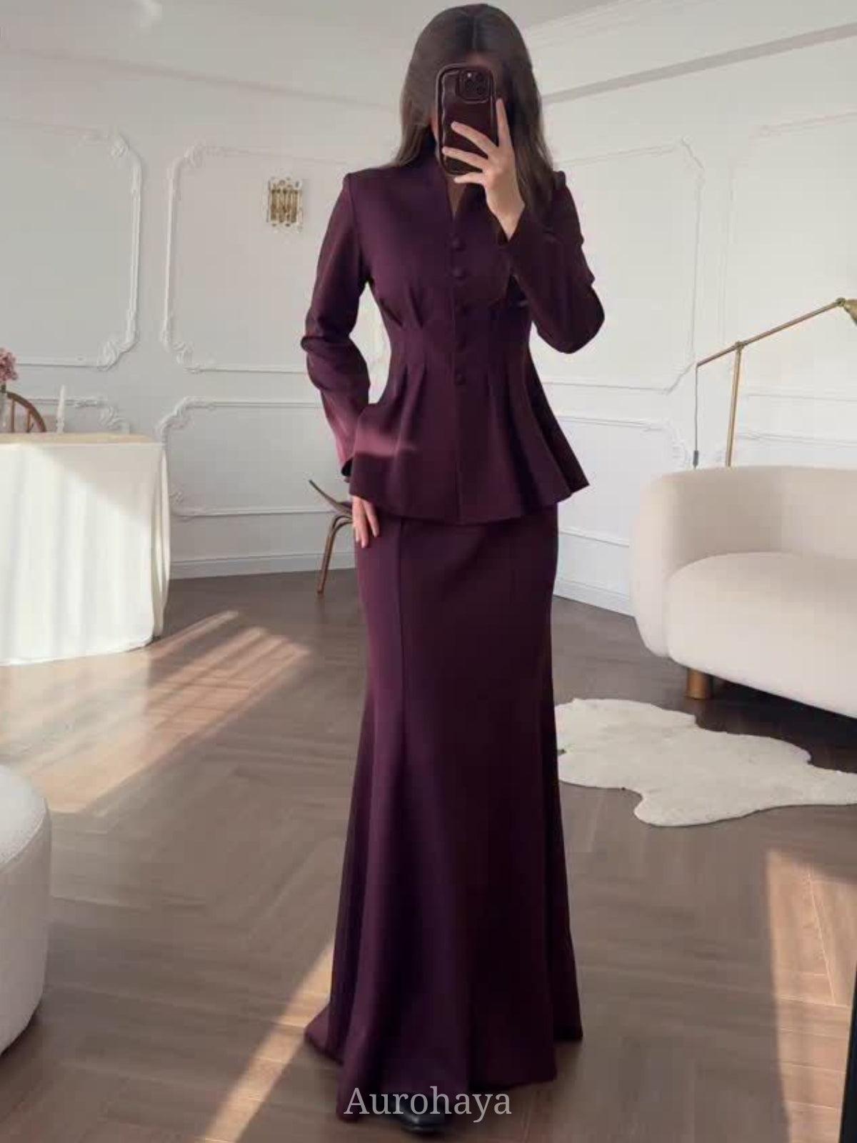 Aurohaya Long Sleeve Button-Front Maxi Dress 2-Piece Set Wine