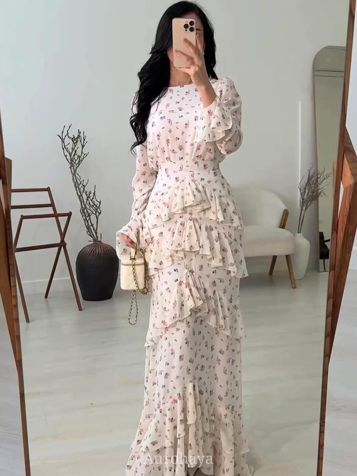 Aurohaya Floral Tiered Ruffle Long Sleeve Maxi Dress White