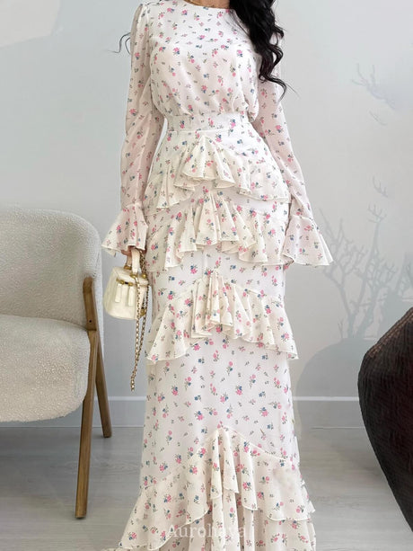 Aurohaya Floral Tiered Ruffle Long Sleeve Maxi Dress