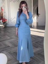 Round Neck Puff Sleeve Fitted Maxi Dress