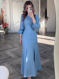 Round Neck Puff Sleeve Fitted Maxi Dress