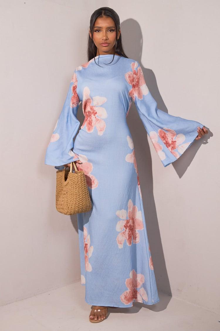 Aurohaya Modest Floral Maxi Dress – Solena Blue