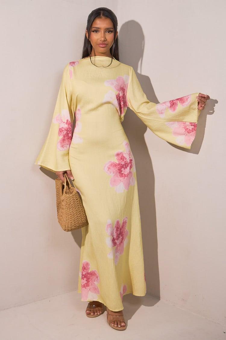 Aurohaya Modest Floral Maxi Dress – Solena Yellow