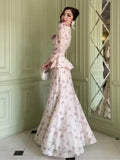 Floral Long-Sleeve Peplum Top & Maxi Skirt 2-Piece Set