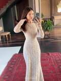 White Lace Long-Sleeve Waist-Cinching Dress