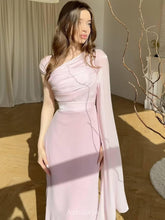 Aurohaya One-Shoulder Long-Sleeve Slim-Fit Maxi Dress Pink