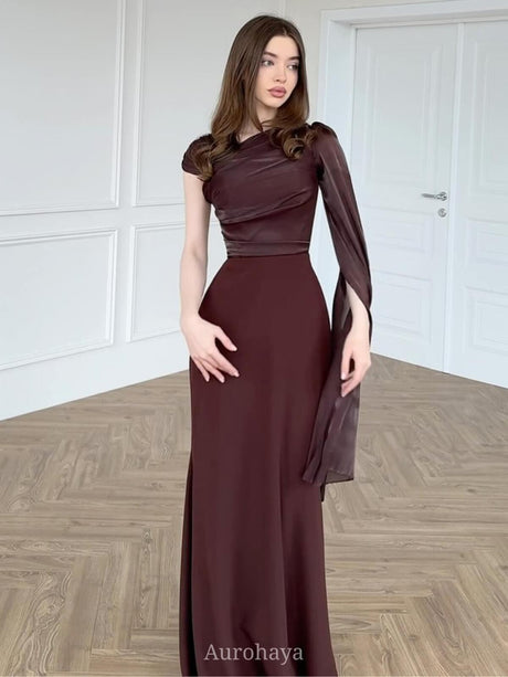 Aurohaya One-Shoulder Long-Sleeve Slim-Fit Maxi Dress Brown