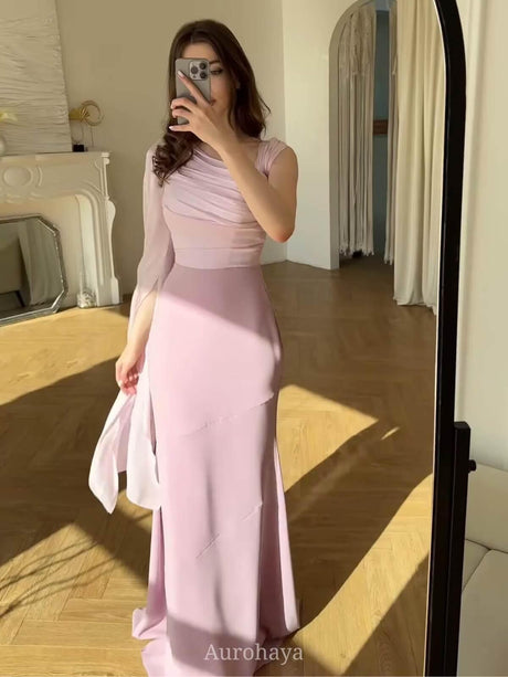 Aurohaya One-Shoulder Long-Sleeve Slim-Fit Maxi Dress