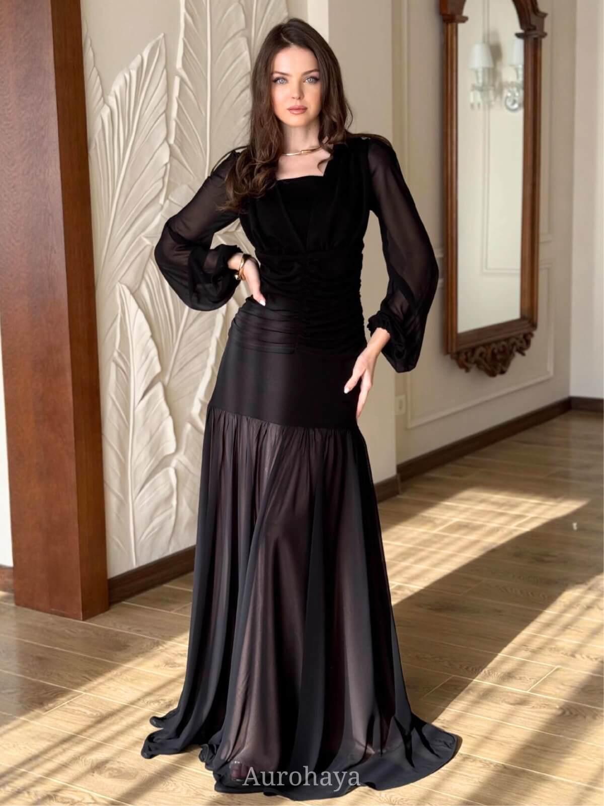 Aurohaya Sheer Balloon Long Sheer Balloon Sleeve Maxi Dress Black