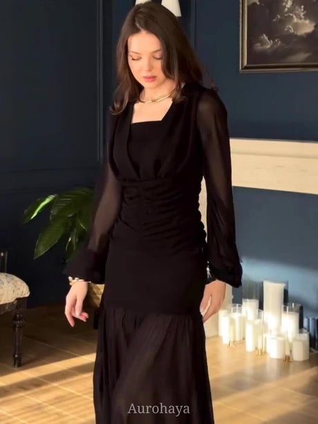 Aurohaya Sheer Balloon Long Sheer Balloon Sleeve Maxi Dress