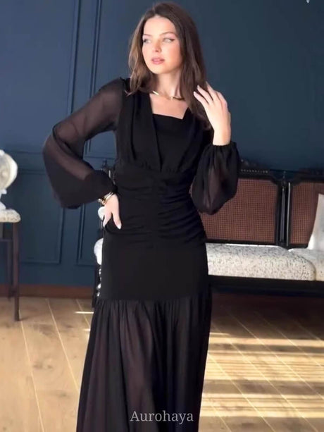 Aurohaya Sheer Balloon Long Sheer Balloon Sleeve Maxi Dress