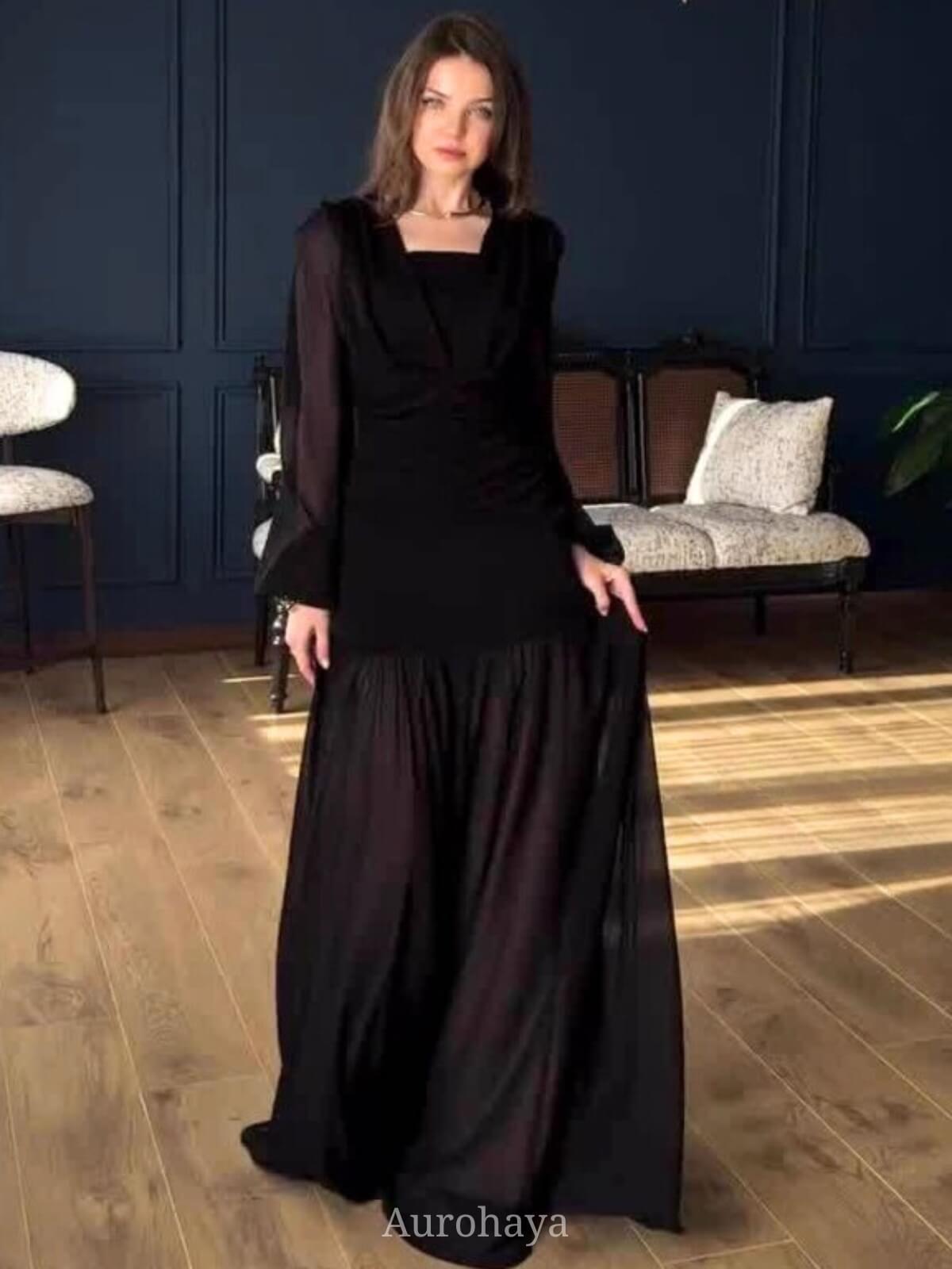 Aurohaya Sheer Balloon Long Sheer Balloon Sleeve Maxi Dress