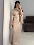 Satin High-Neck Cinched-Waist Long-Sleeve Maxi Dress