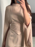 Satin High-Neck Cinched-Waist Long-Sleeve Maxi Dress