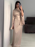Satin High-Neck Cinched-Waist Long-Sleeve Maxi Dress