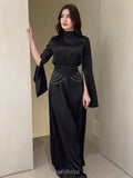 Satin High-Neck Cinched-Waist Long-Sleeve Maxi Dress