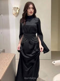 Satin High-Neck Cinched-Waist Long-Sleeve Maxi Dress