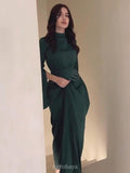 Satin High-Neck Cinched-Waist Long-Sleeve Maxi Dress