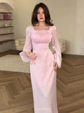 Satin Long Balloon Sleeve Ruched Bodice Maxi Dress